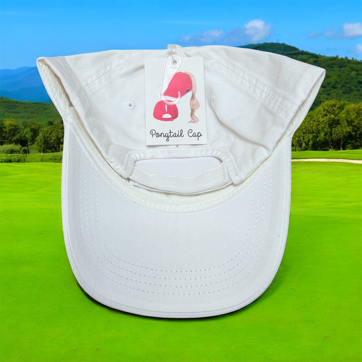 Ponytail Cap Custom Par-Tee Girl Women's White Golf Hat OS with High & Low Slots Adjustable Velcro Strap 100% Cotton DTF Ink Design