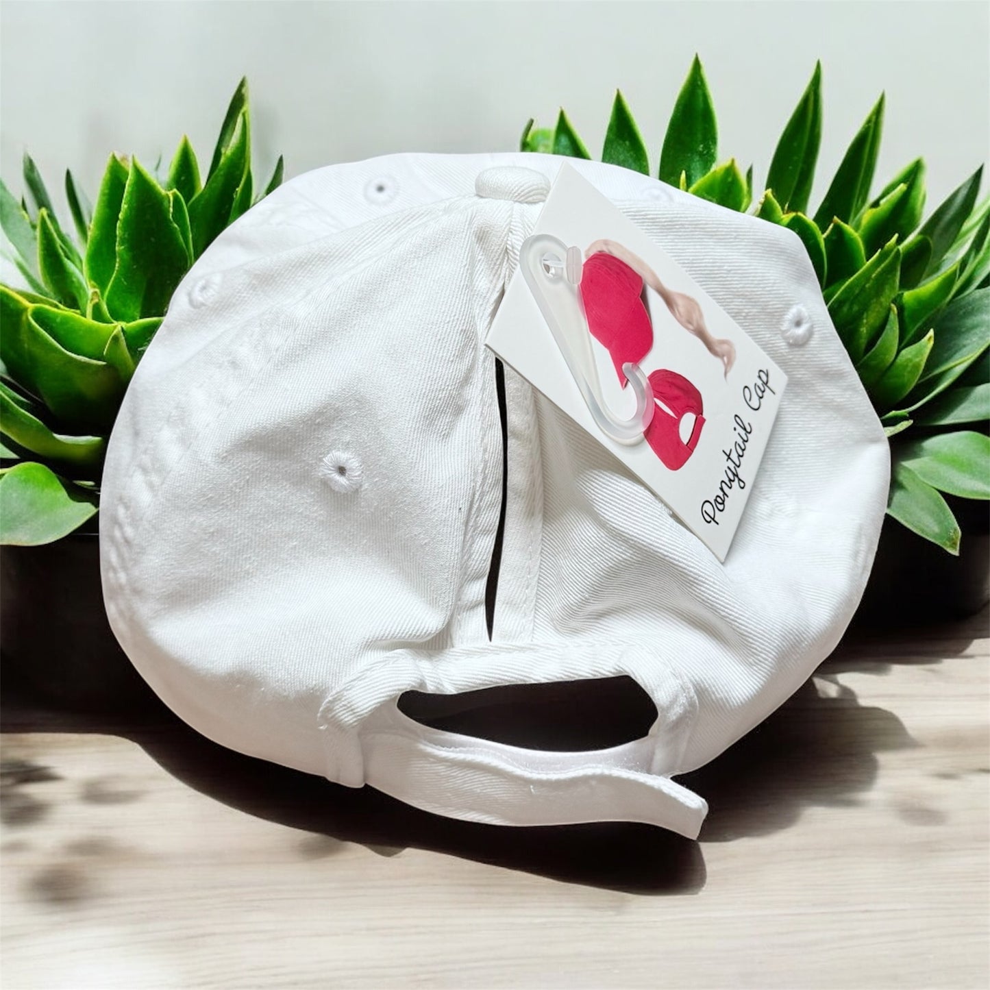 Ponytail Cap Custom Women's White Golf Hat OS with High & Low Slots Adjustable Velcro Strap 100% Cotton DTF Ink Design
