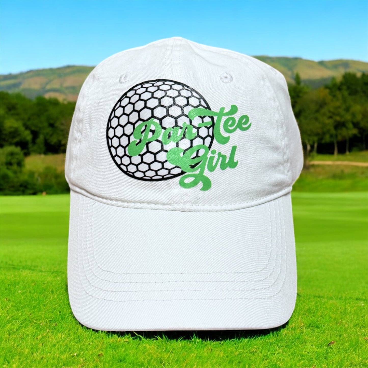Ponytail Cap Custom Par-Tee Girl Women's White Golf Hat OS with High & Low Slots Adjustable Velcro Strap 100% Cotton DTF Ink Design