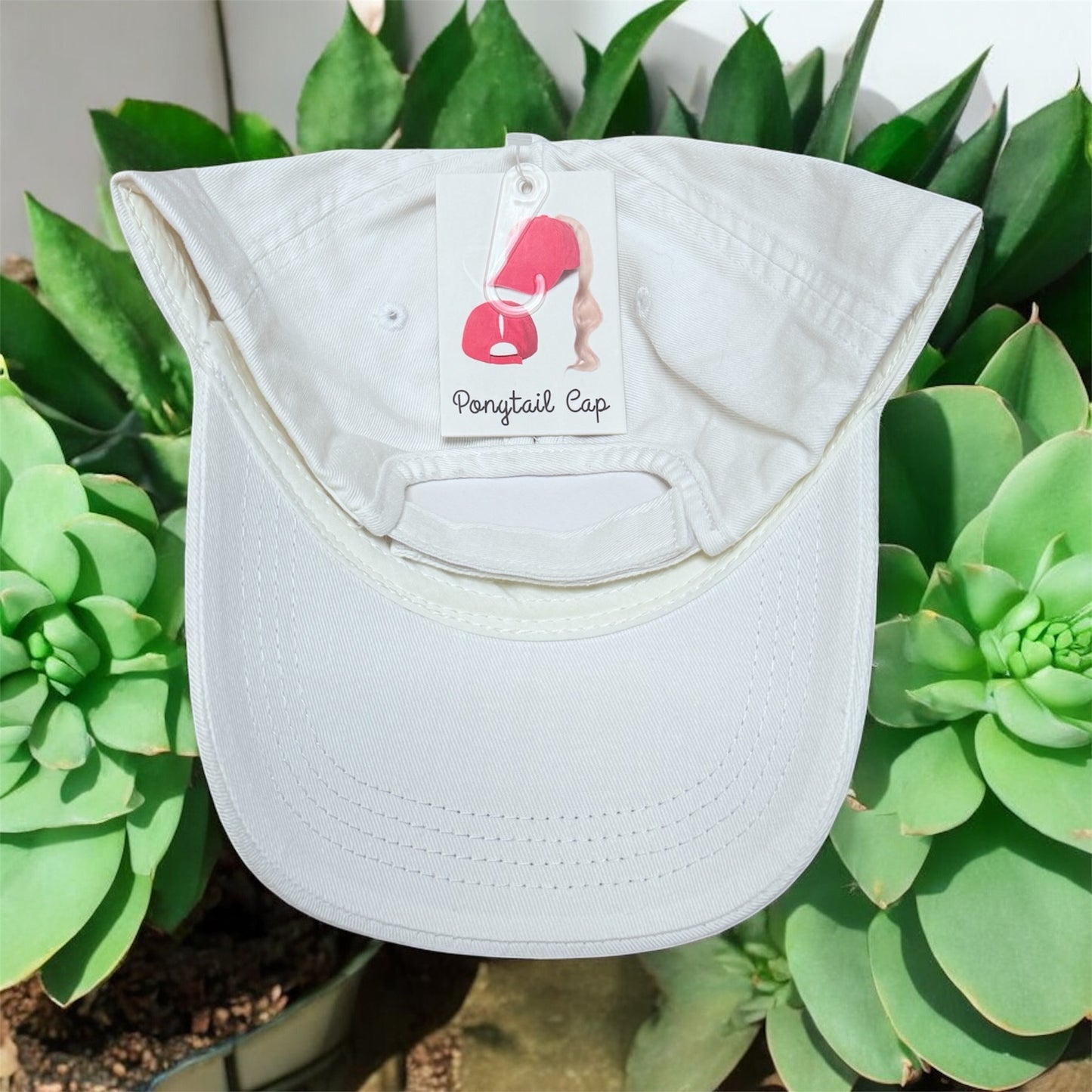Ponytail Cap Custom Women's White Golf Hat OS with High & Low Slots Adjustable Velcro Strap 100% Cotton DTF Ink Design