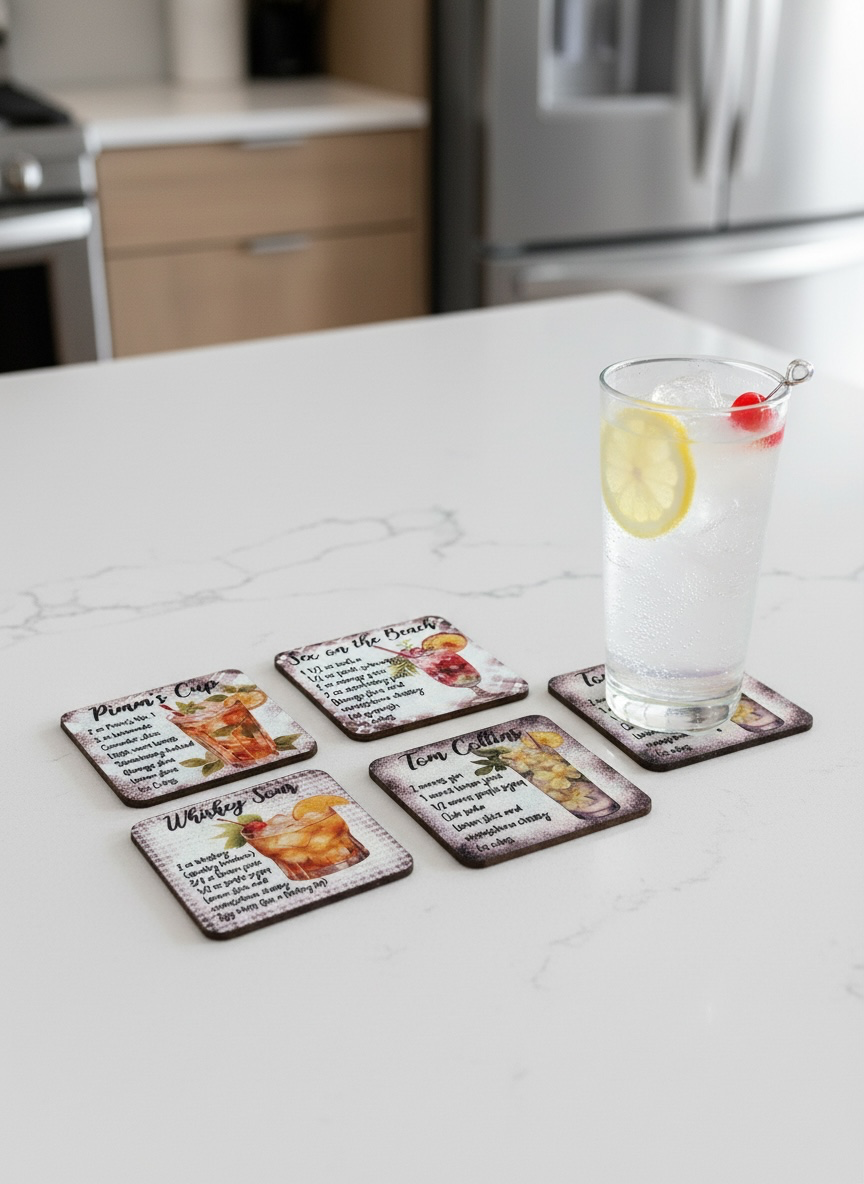 Custom Absorbent Neoprene Drink Recipe Coasters Set of 4, Non-Slip Base