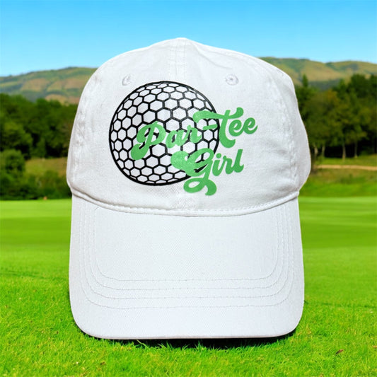 Ponytail Cap Custom Par-Tee Girl Women's White Golf Hat OS with High & Low Slots Adjustable Velcro Strap 100% Cotton DTF Ink Design