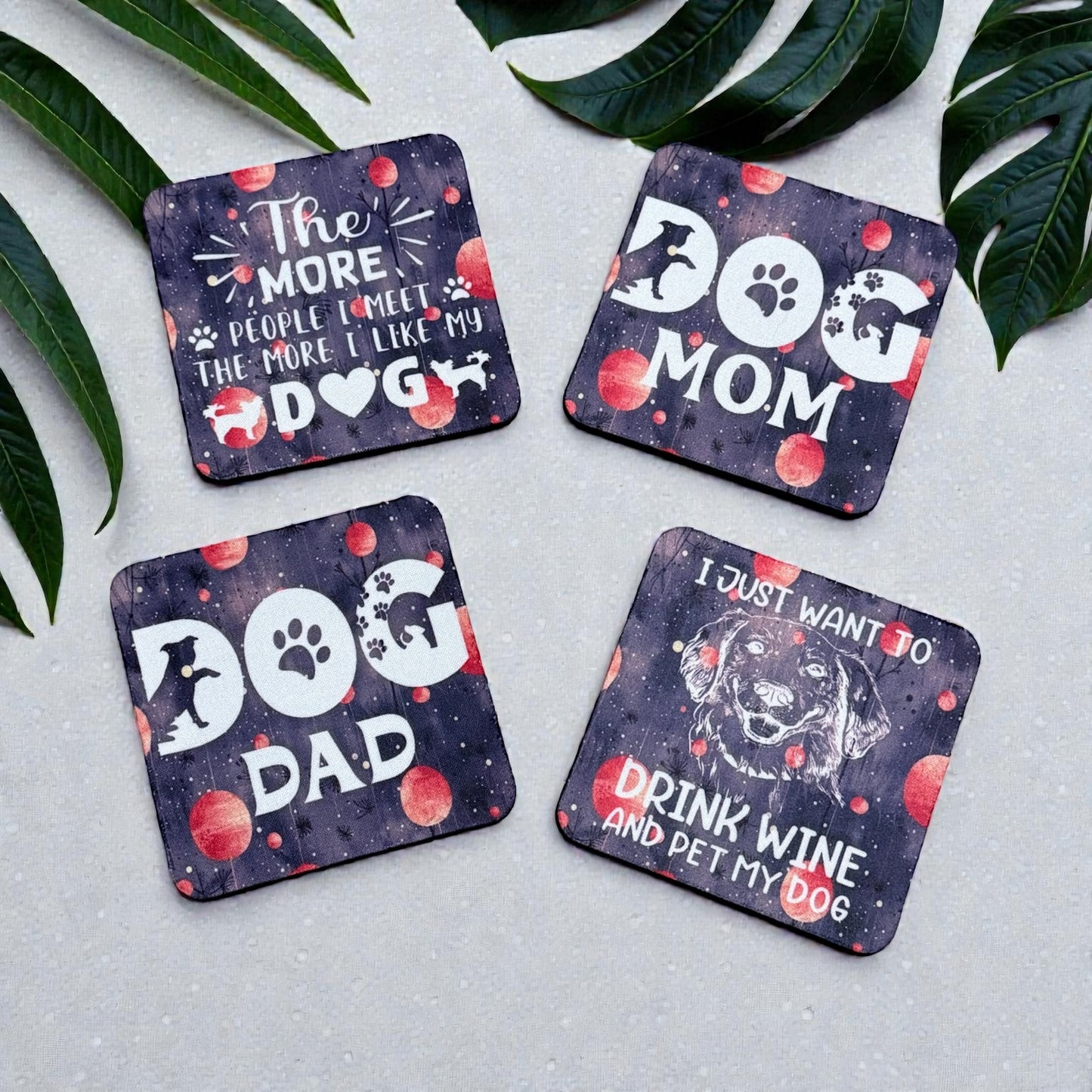 Custom Absorbent Neoprene Dog  Inspired Coasters Set of 4, Non-Slip Base