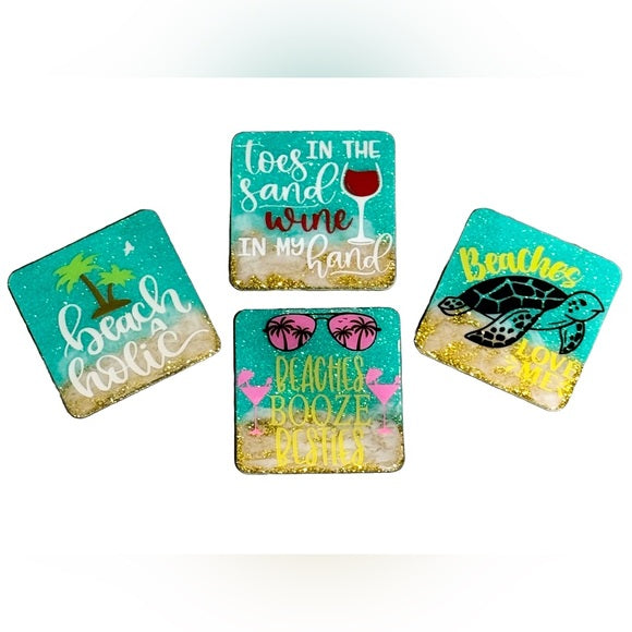 Coasters Beach Themed | Beaches Booze Besties | Toes In The Sand Wine In My Hand | Beaches Love Me | Beach A Holic | Set of 4 Coasters