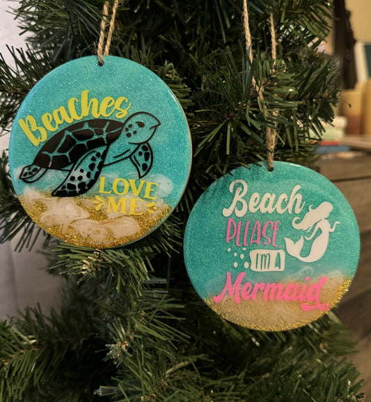 Ornaments Beach Themed | Beaches Love Me | Beach Please...I'm A Mermaid | Set of 2 Large 4" X 4" Ornaments