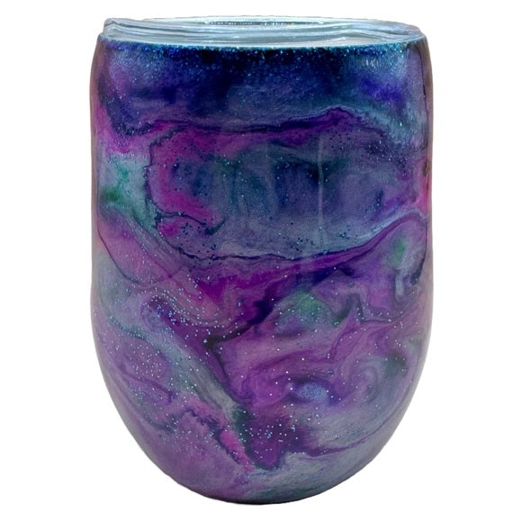 Custom Tumbler Ready To Ship 12 oz Wine Tumbler | Glitter Tumbler | Purple, Pink, Teal Ink Swirl | Drink Drank Drunk