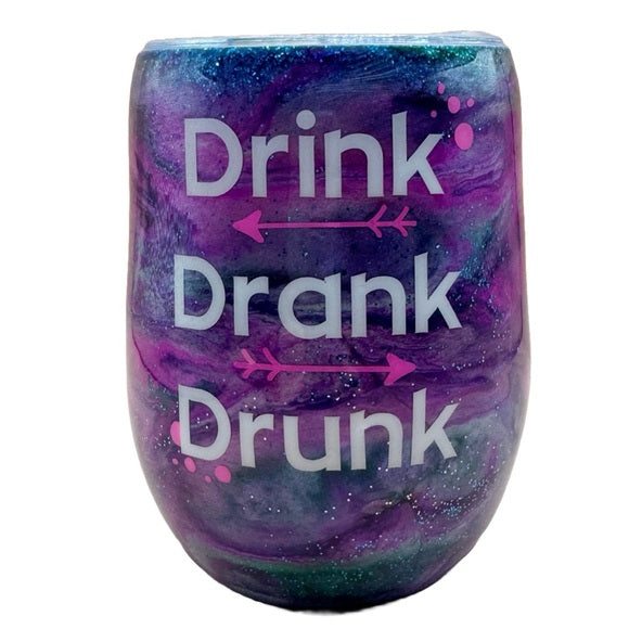 Custom Tumbler Ready To Ship 12 oz Wine Tumbler | Glitter Tumbler | Purple, Pink, Teal Ink Swirl | Drink Drank Drunk