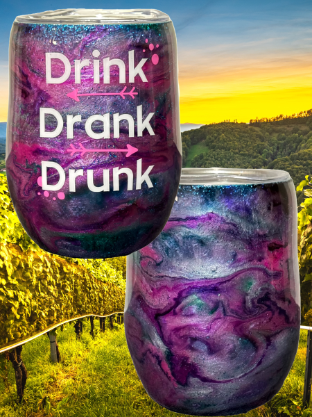 Custom Tumbler Ready To Ship 12 oz Wine Tumbler | Glitter Tumbler | Purple, Pink, Teal Ink Swirl | Drink Drank Drunk