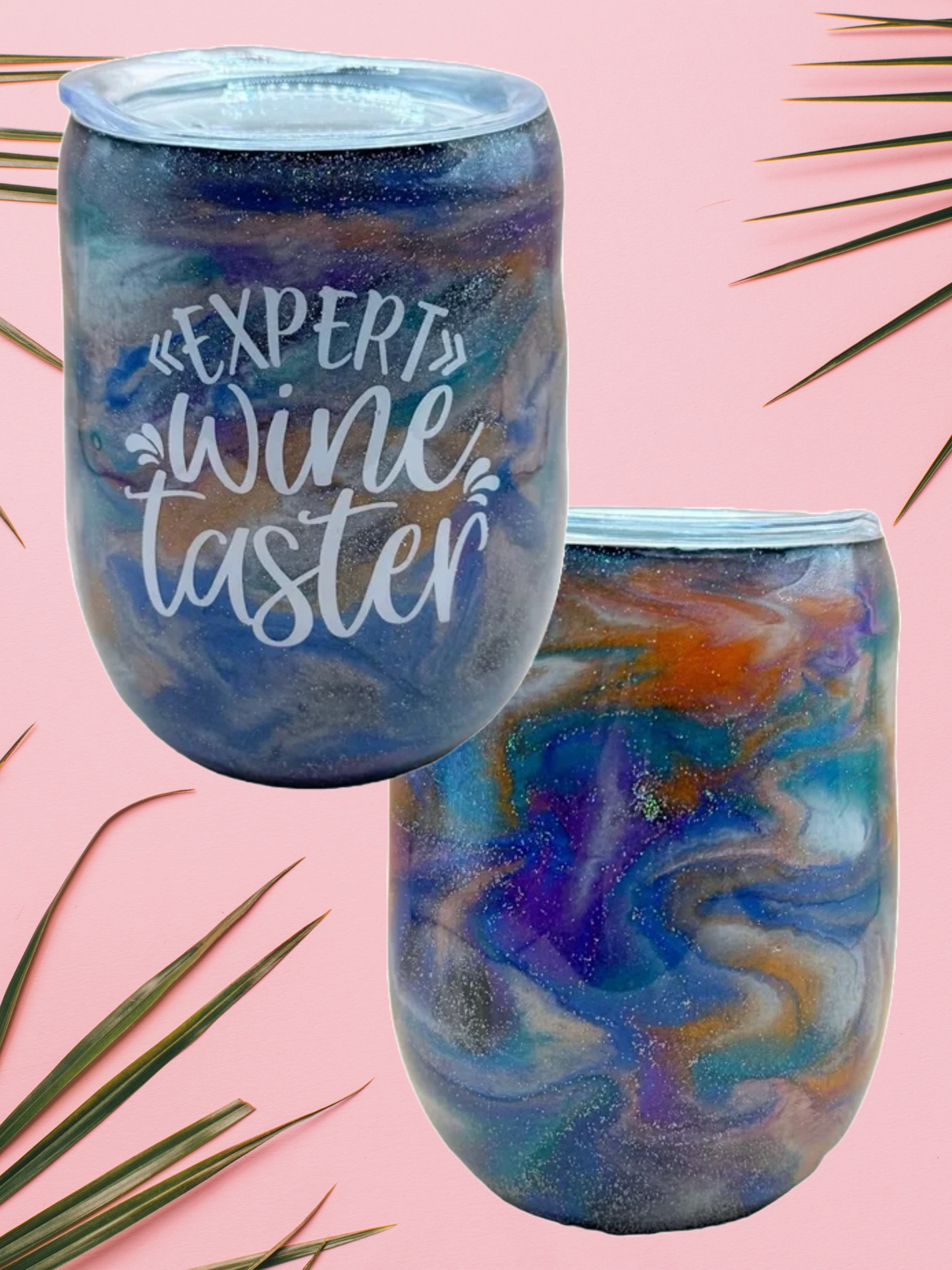 Custom Tumbler Ready To Ship 12 oz Wine Tumbler | Glitter Tumbler | Purple, Blue & Orange Ink Swirl | Expert Wine Taster