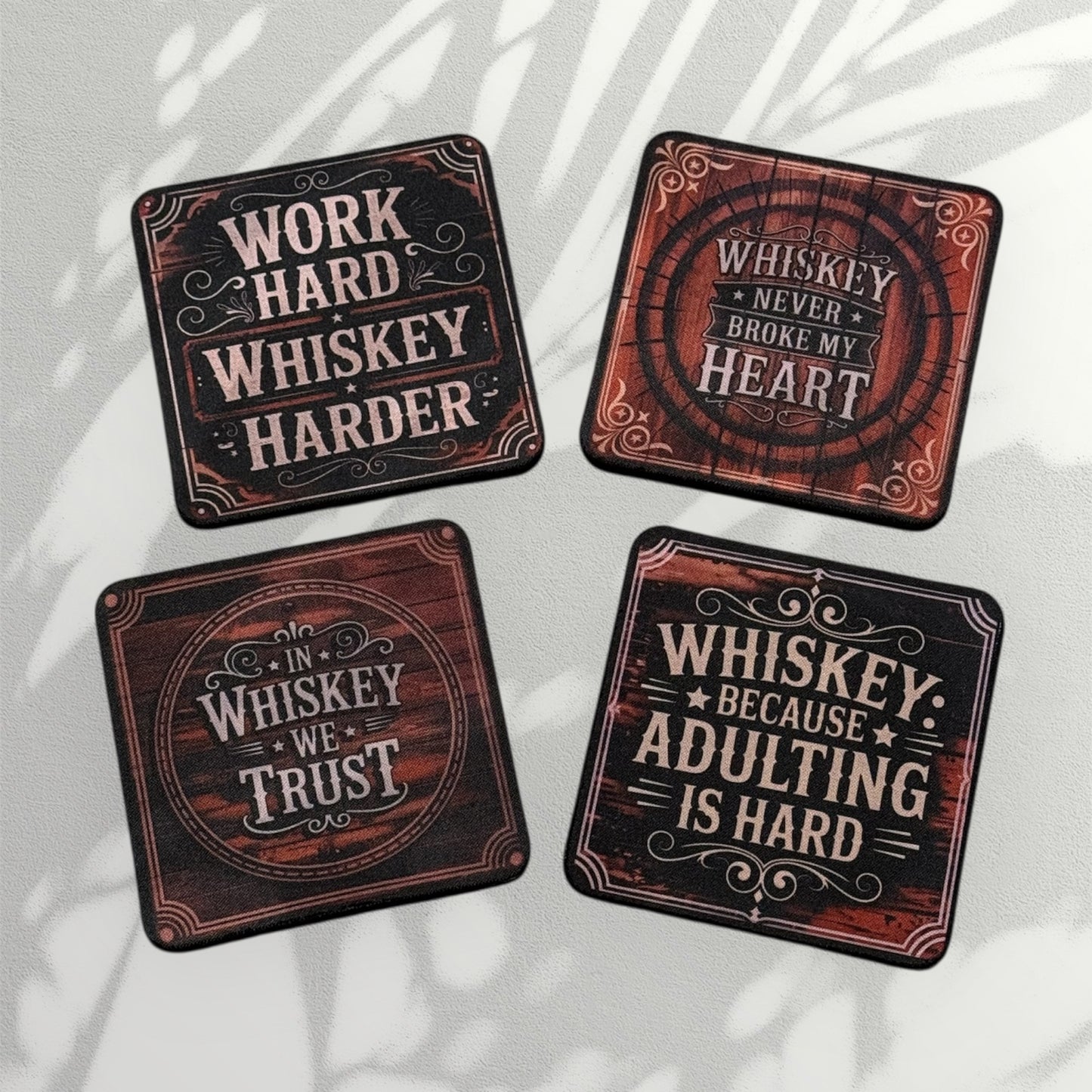 Custom Absorbent Neoprene Whiskey Themed Coasters Set of 4, Non-Slip Base
