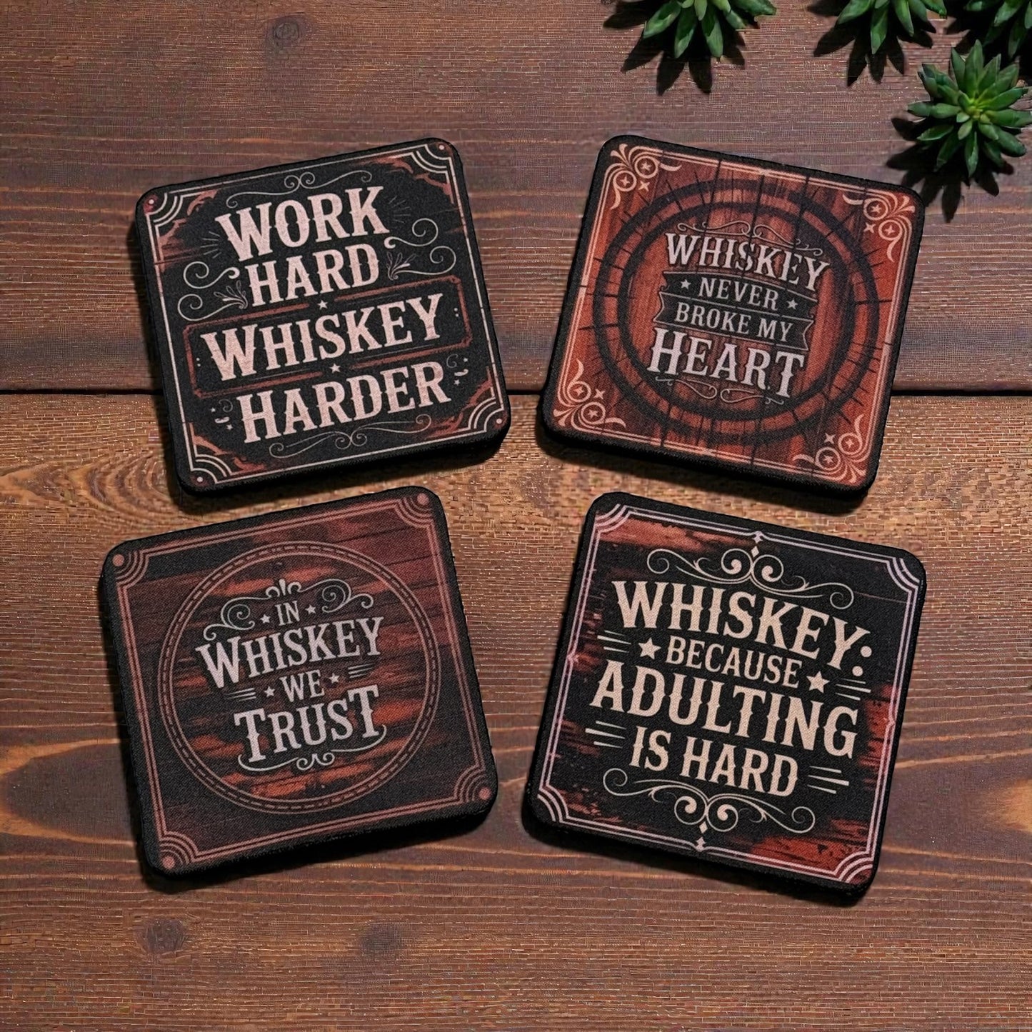 Custom Absorbent Neoprene Whiskey Themed Coasters Set of 4, Non-Slip Base