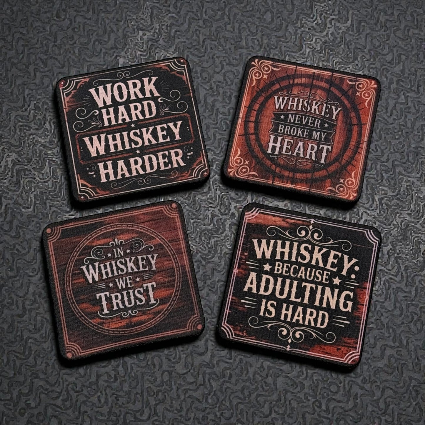 Custom Absorbent Neoprene Whiskey Themed Coasters Set of 4, Non-Slip Base