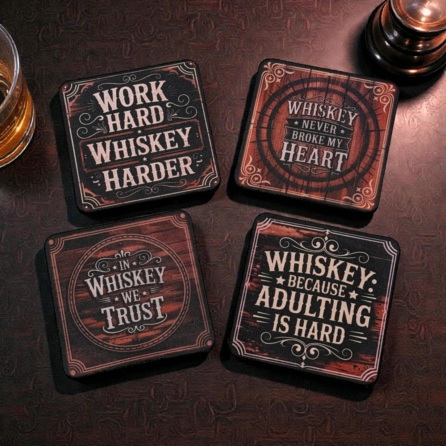 Custom Absorbent Neoprene Whiskey Themed Coasters Set of 4, Non-Slip Base