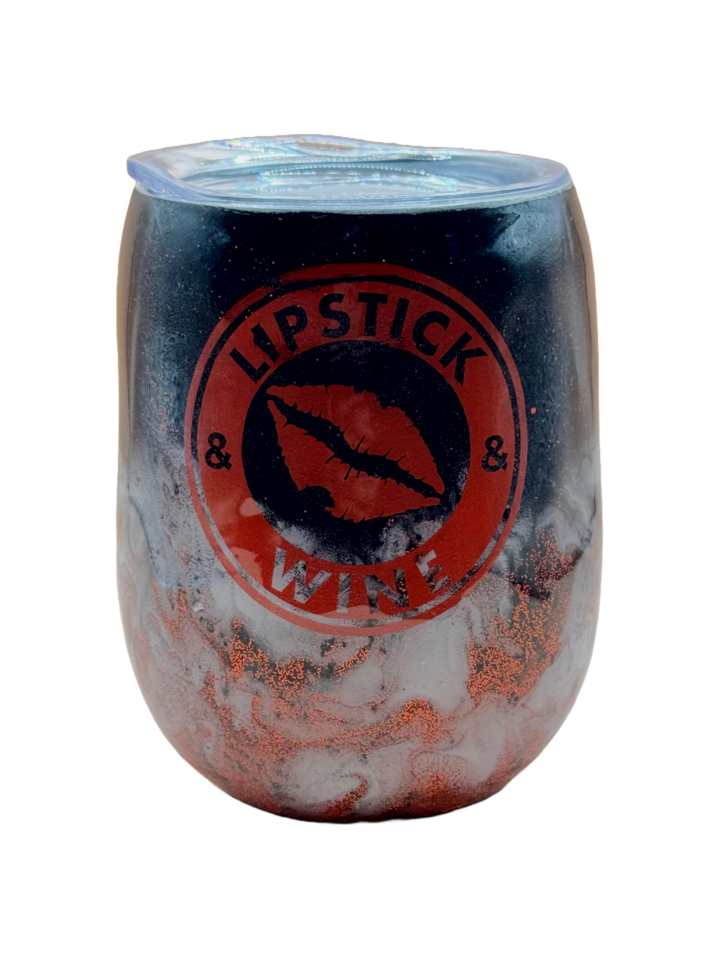 Custom Tumbler Ready To Ship 12 oz Wine Tumbler | Glitter Tumbler | Red, Black, & White | Lipstick & Wine