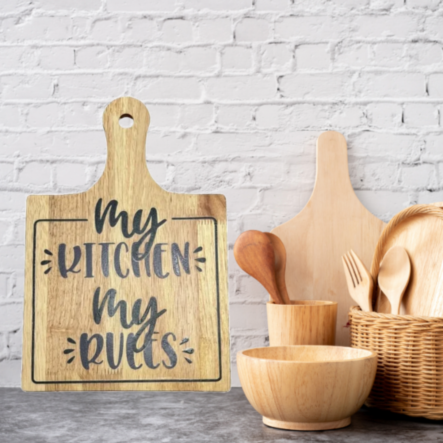 Custom Decorative Wooden Cutting Board, Farmhouse My Kitchen My Rules 8"x8"