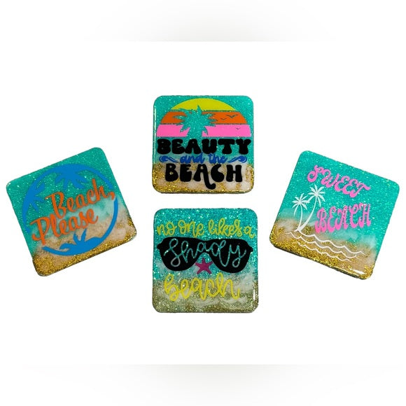 Coasters Beach Themed | No One Likes A Shady Beach | Beauty And The Beach | Beach Please | Sweet Beach | Set of 4 Coasters