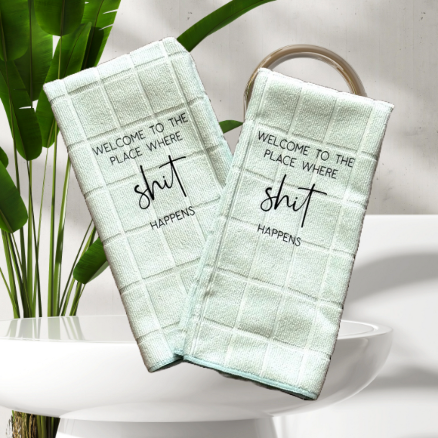 Custom Funny Bathroom Hand Towels Light Green Set of 2